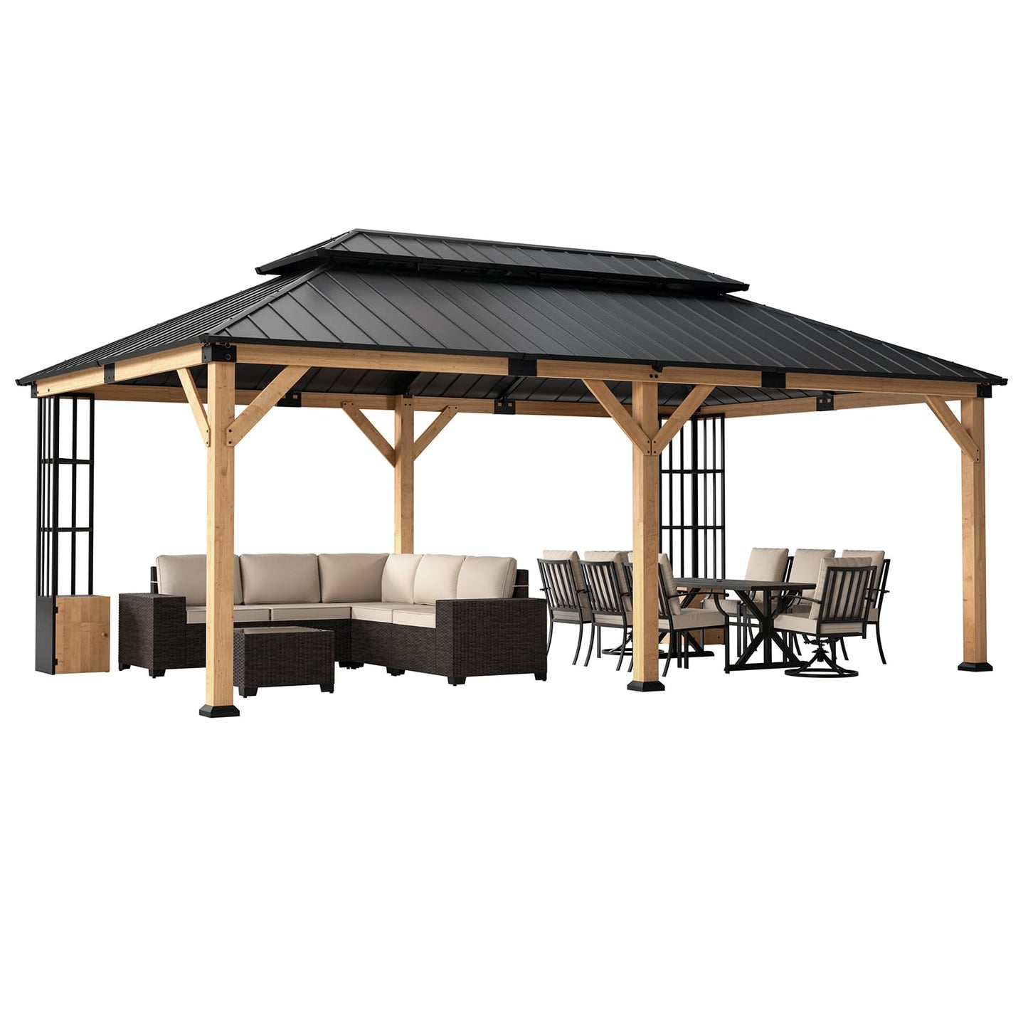 ALAULM 12'x20' Hardtop Gazebo, Outdoor Wood Pergola with Double Metal Roof Metal Corner Frame Shelves Storage,Outdoor Pavilion for Patio, Backyard, Deck,Natural
