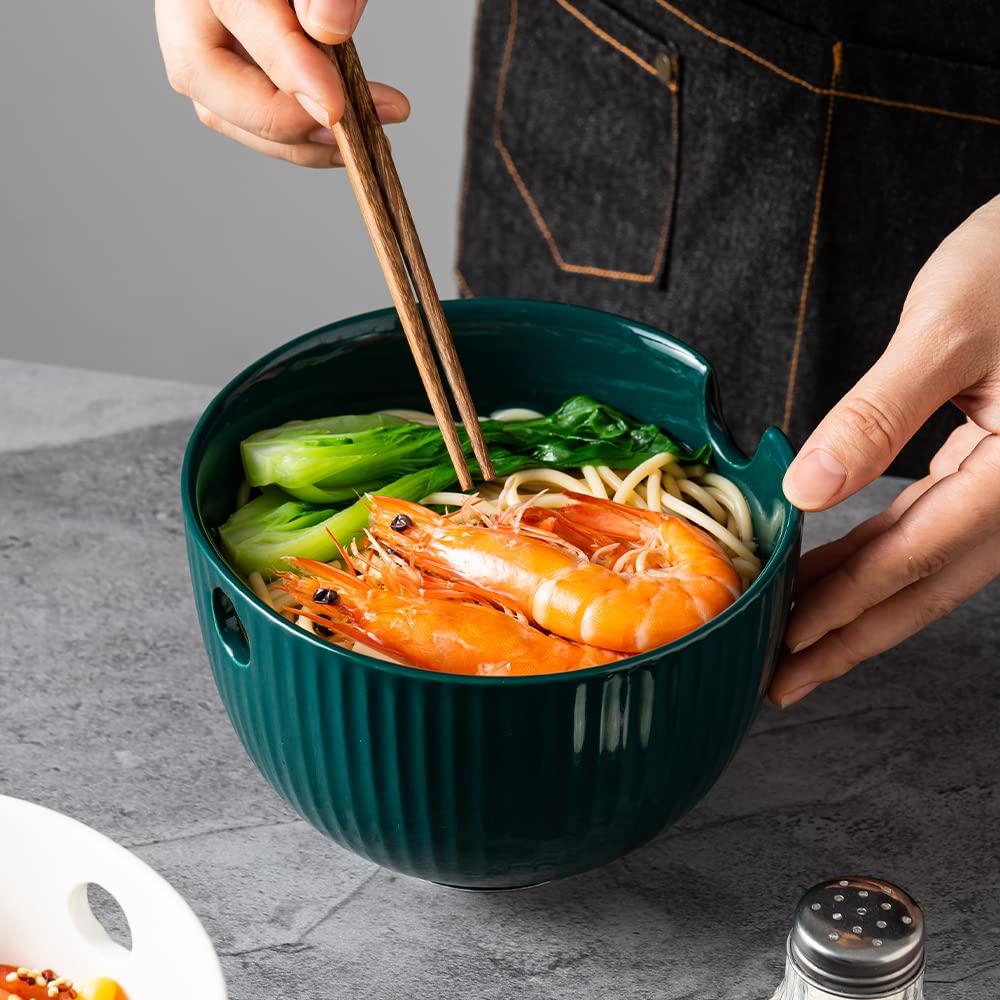 KAMAIDI Ceramic Ramen Noodle Bowl with Matching Chopsticks, Soup Bowls for Udon Soba Pho Asian Noodles, Dishwasher and Microwave Safe, 28 oz (1-Bowl-Green)