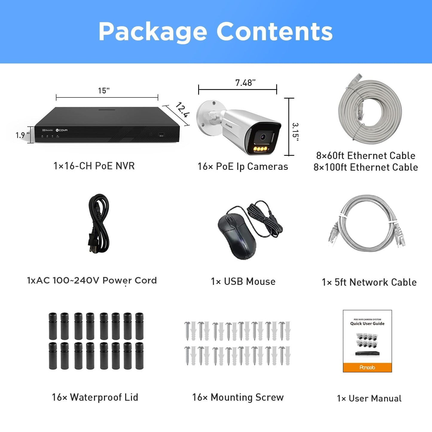 PANOOB 4K Security Camera System 16 Channel 4TB HDD, 12 8MP PoE Commercial IP Bullet Cameras with Spotlight Color Night Vision, 2 Way Audio, AI Human Vehicle Detection, Remote Access, PB65A1216-8MD