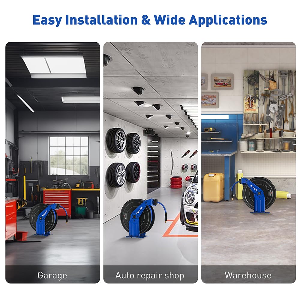 Ruvup Retractable Air Hose Reel, 3/8" x 75ft Air Compressor Hose Reel Auto Rewind Hybrid Hose Max 300PSI with 6.5ft Lead Hose Heavy Duty Steel Double Arm with 12-Position Ratchet Lock