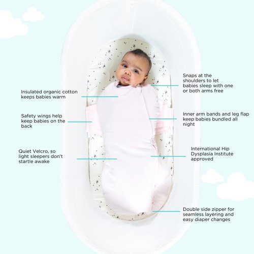Happiest Baby SNOO Comforter Sleep Sack - 100% Organic Cotton Baby Swaddle Blanket - Doctor Designed Promotes Healthy Hip Development (Ivory Wildflowers, Large)