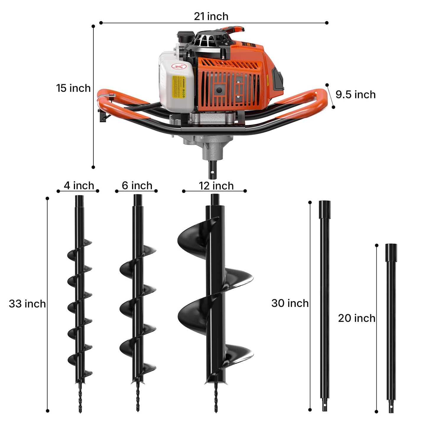 WORKIT 72CC Post Hole Digger, Auger Post Hole Digger Easy Start, 2-Cycle Xtreme Engine, Gas Powered Earth Auger with 4"+6"+12" Auger Drill Bit, 20"+30" Extension Rods, EPA Certification