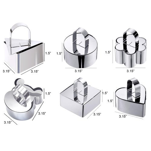 BAILIQI 6Pack Cake Rings Mould 3.15 inch, with Pusher Stainless SteelRound Square Flower Heart Triangle bear Dessert Mousse Cooking Baking Pastry Tool Crumpet Molds (Include 6 Rings and 6 Pusher)