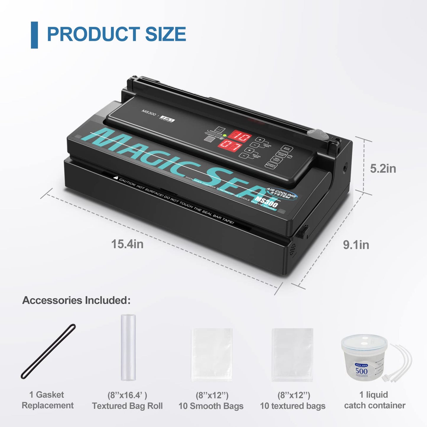 MAGIC SEAL Commercial Dual Mode Vacuum Sealer - for Textured & Smooth/Mylar Bags, 190W Food Sealer Vacuum Packing Machine with Auto Cooling System, Adjustable Air & Seal Settings -MS300