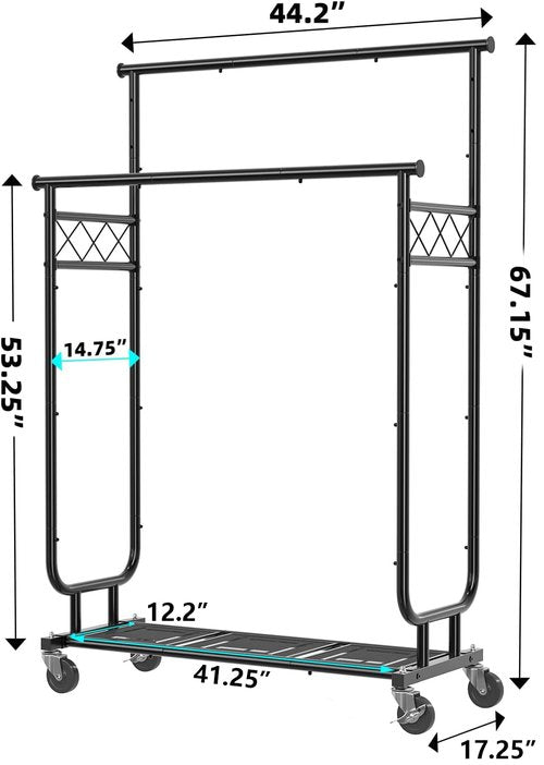 Ekisemio Heavy Duty Clothes Rack, Rolling Clothing Rack With Shelves Load 450 LBS, Double Rod Clothing Racks with Wheels for Hanging Clothes, Black