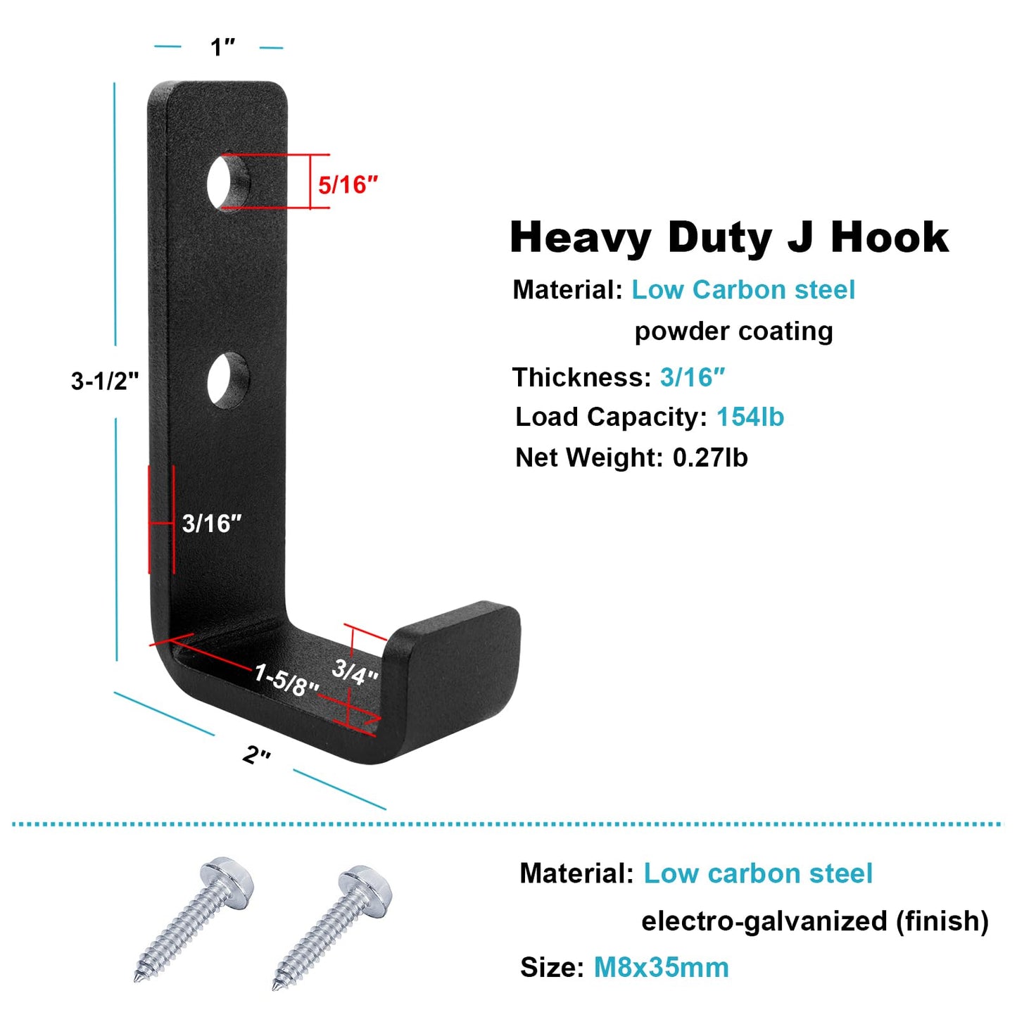 OTTFF 4 Pack 1-5/8" Heavy Duty Steel J Hook, Wall Mount Utility Hook for Garage Hanging, Black, 154 lbs Capacity