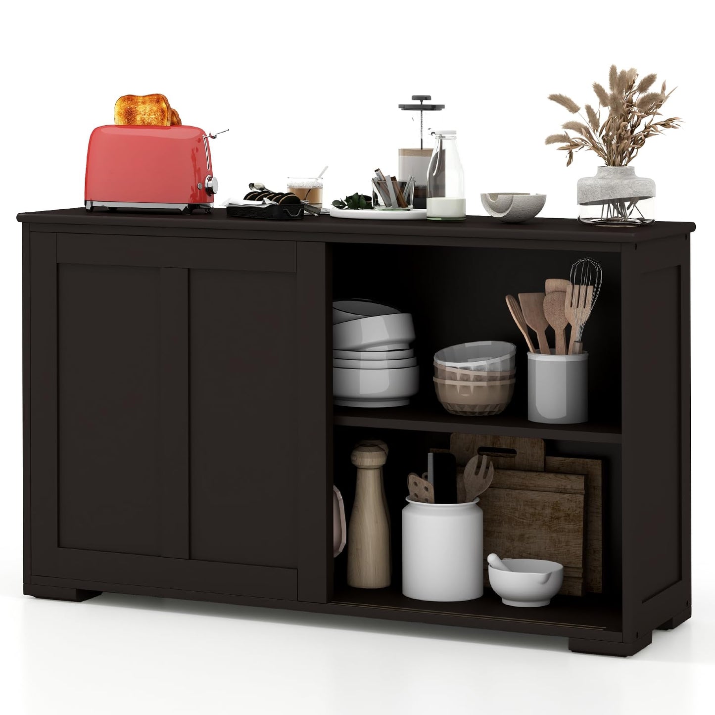 Byroce Buffet Cabinet Sideboard, Wood Storage Credenza Cupboard with Adjustable Shelf & 2 Sliding Doors, Stackable Coffee Bar Cabinet Console Table for Dining Room, Living Room, Kitchen (1, Black)