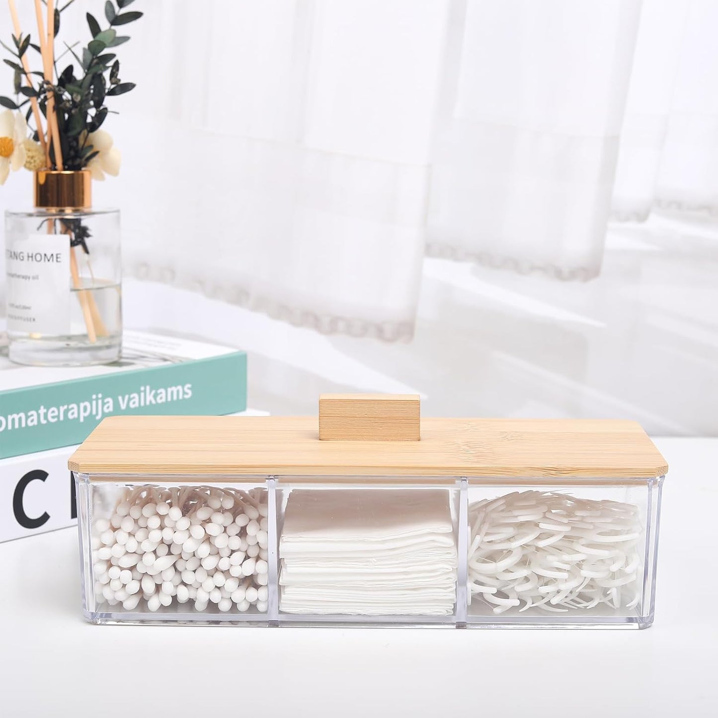 Wood Qtip Holder - 3 Compartment Cotton Ball & Swab Organizer with Lid | Clear Acrylic Makeup Storage