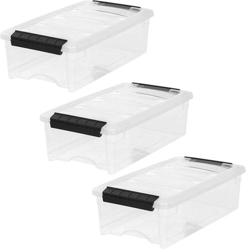 IRIS USA Stackable Plastic Storage Bins - BPA-Free, Durable Nestable Containers, 6 Quart, 3 Pack - Clear/Black