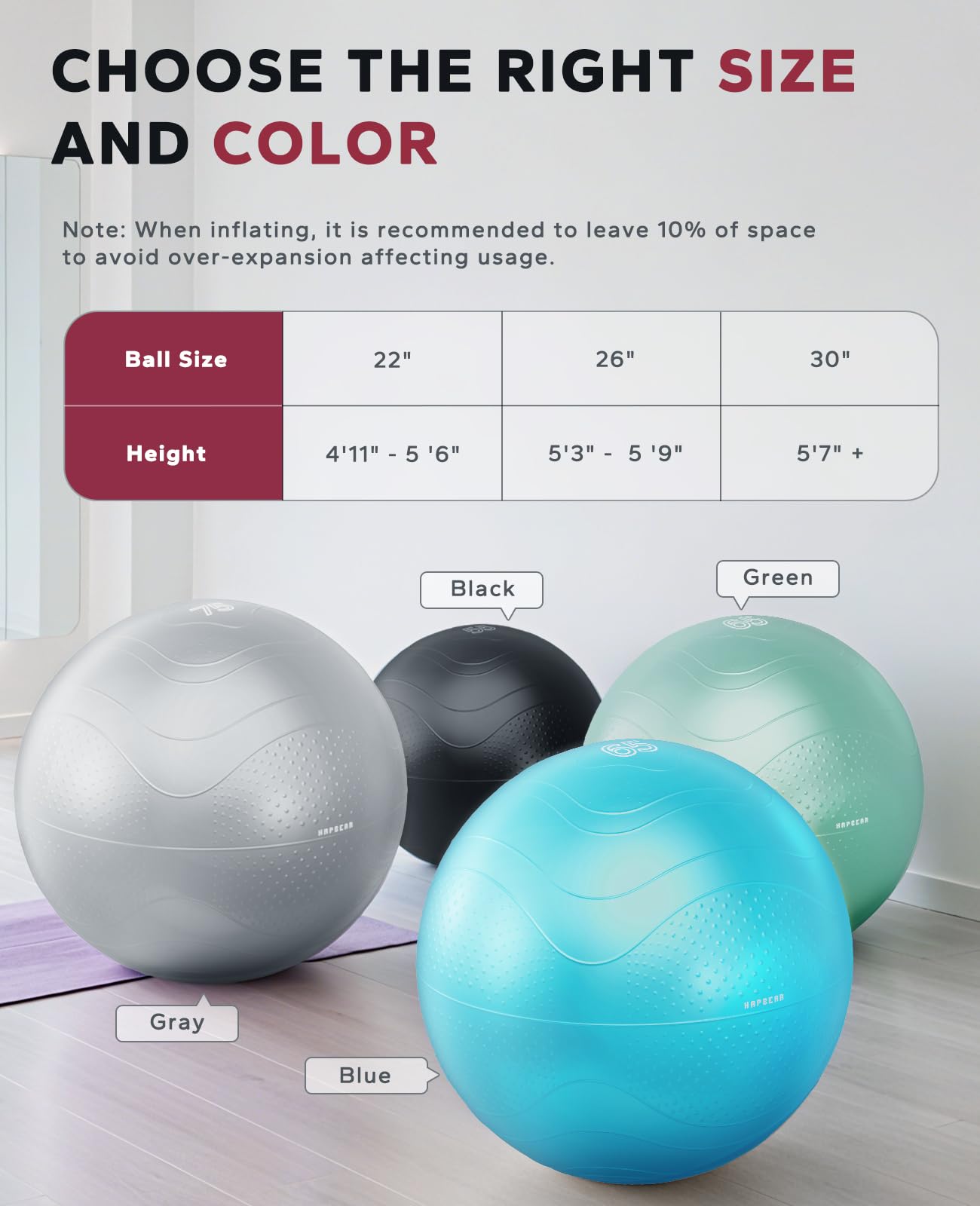 HAPBEAR Exercise Ball (22''/26''/30'') - Anti-Burst Slip-Resistant Yoga/Pilates Ball for Core Training & Posture Improvement, Home Gym/Rehab/Pregnancy Ball, Quick Pump & 3 Resistance Bands Included