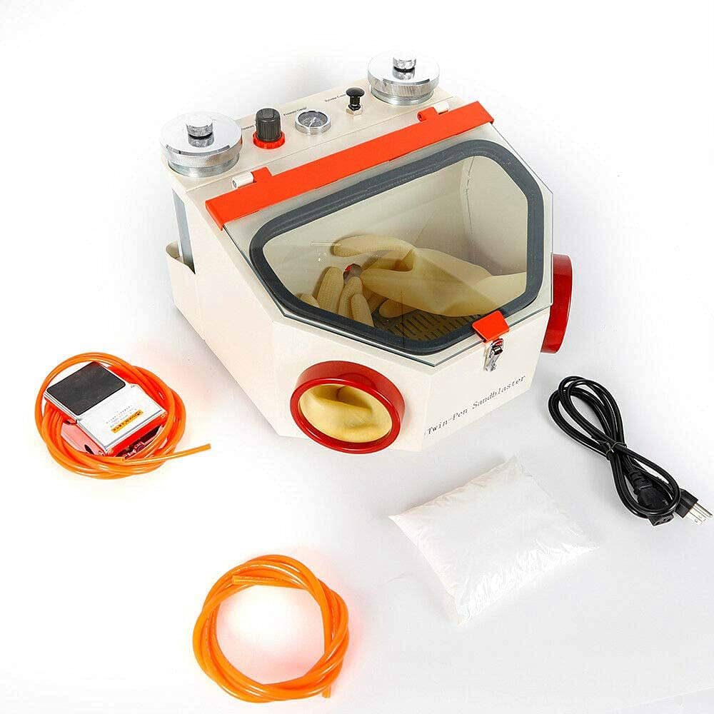 Global Lab Sandblaster Double Pen Fine Sand Blasting Machine Large View Window Sandblaster Unit with LED Lamp with 2 Pen + 2 Iron Cups