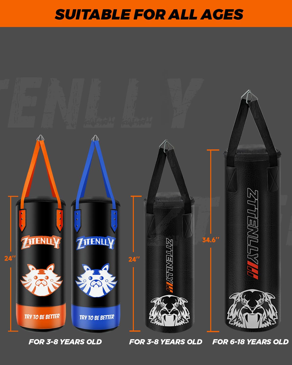 ZTTENLLY Kids Punching Bag with Gloves - PU Leather & Adjustable Height Strap - Boxing Bag Set for 3-8 Years Kids Great for Boxing, MMA, Kickboxing (Unfilled)