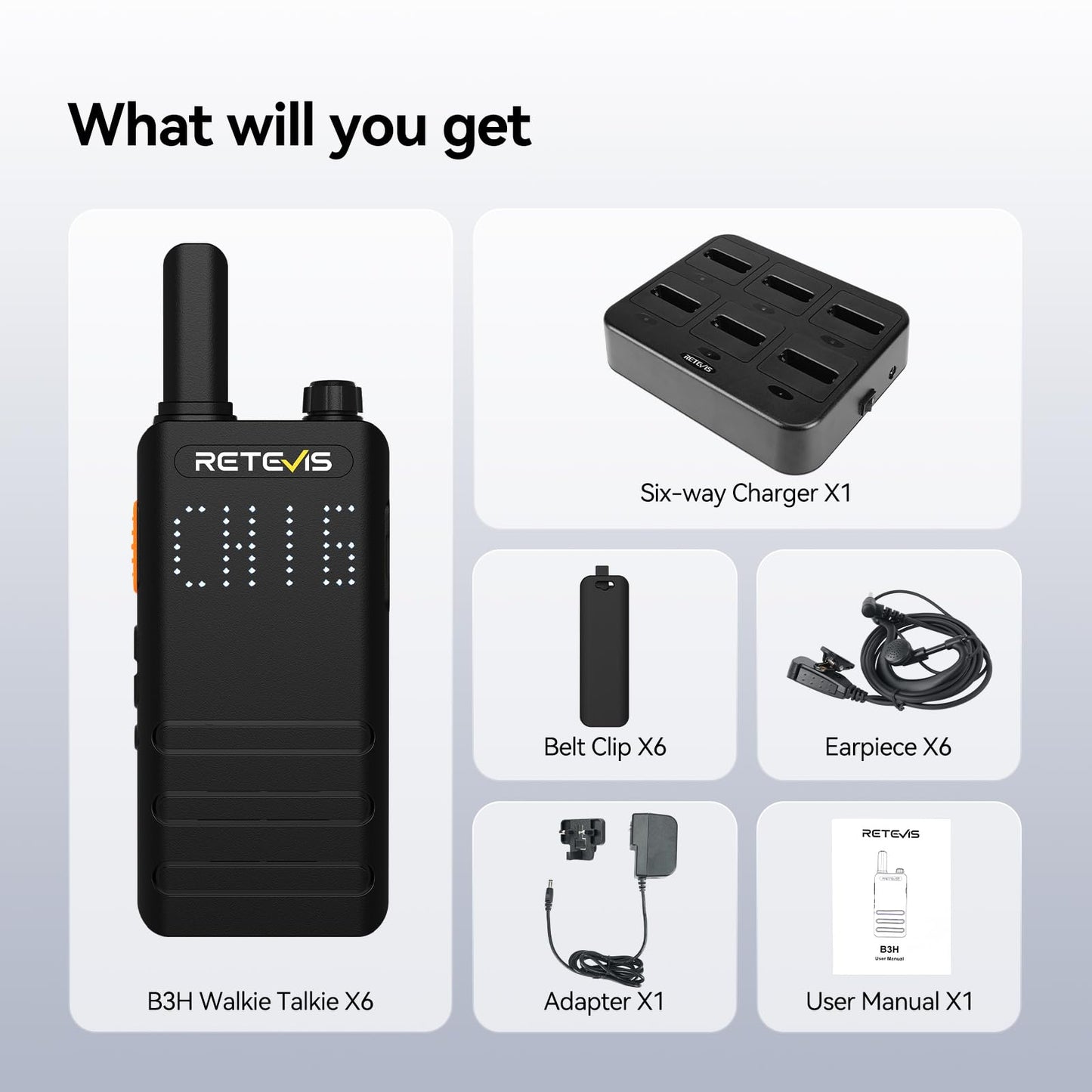 (3nd Gen RT22) Retevis B3H Walkie Talkies for Adults-Ultra Slim, with Earpiece, 6 Way Multi Unit Charger, 1620 mAh, LED Display, Business Portable FRS Two-Way Radios for Retail Store (6 Pack)