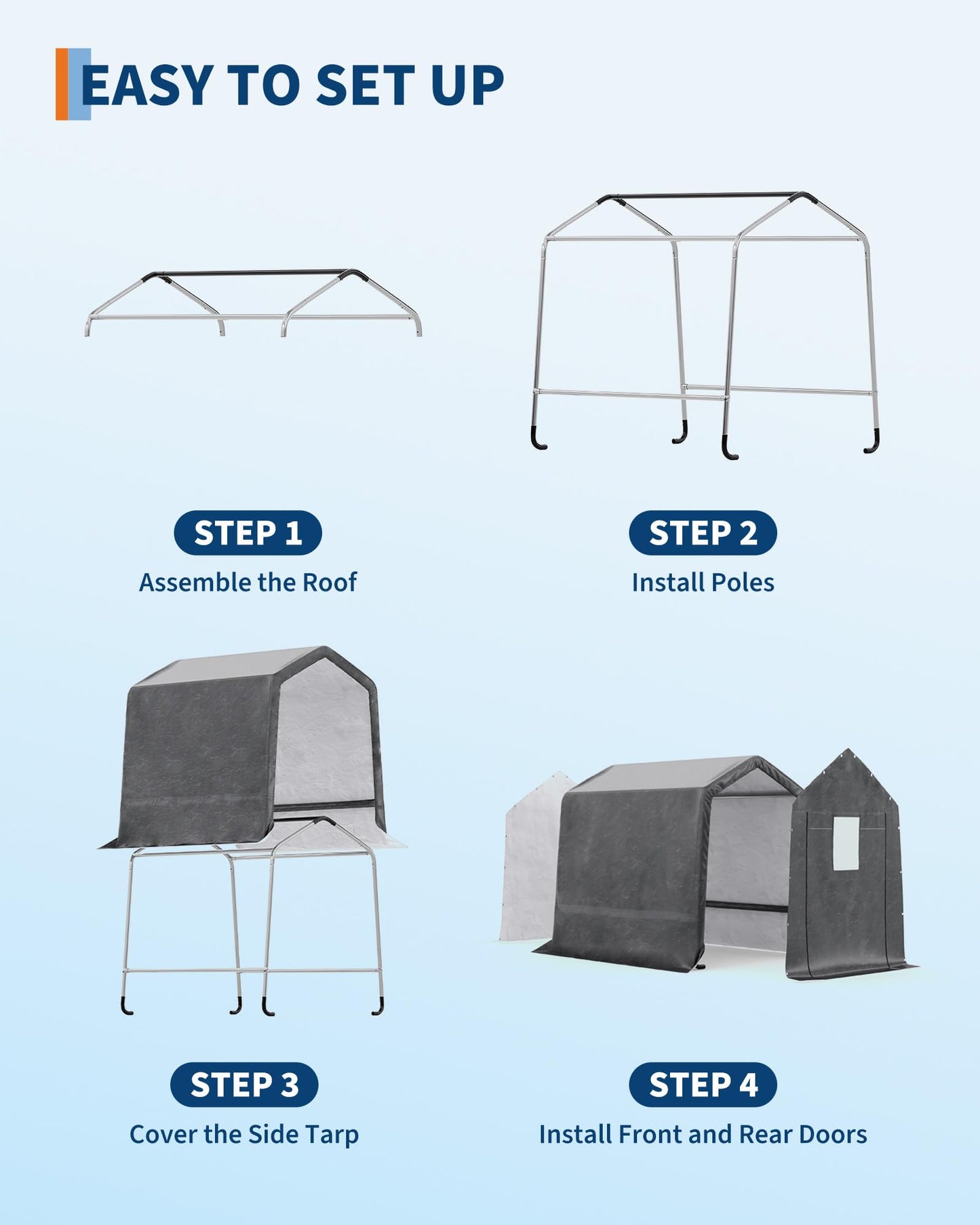 GarveeLife 6x8 ft Outdoor Portable Storage Shed with 2 Roll-Up Doors & Vents, 240G Heavy-Duty Shelter Waterproof PE Tarp, UV-Resistant Storage Sheds for Motorcycle, Firewood, Garden and Tools, Gray