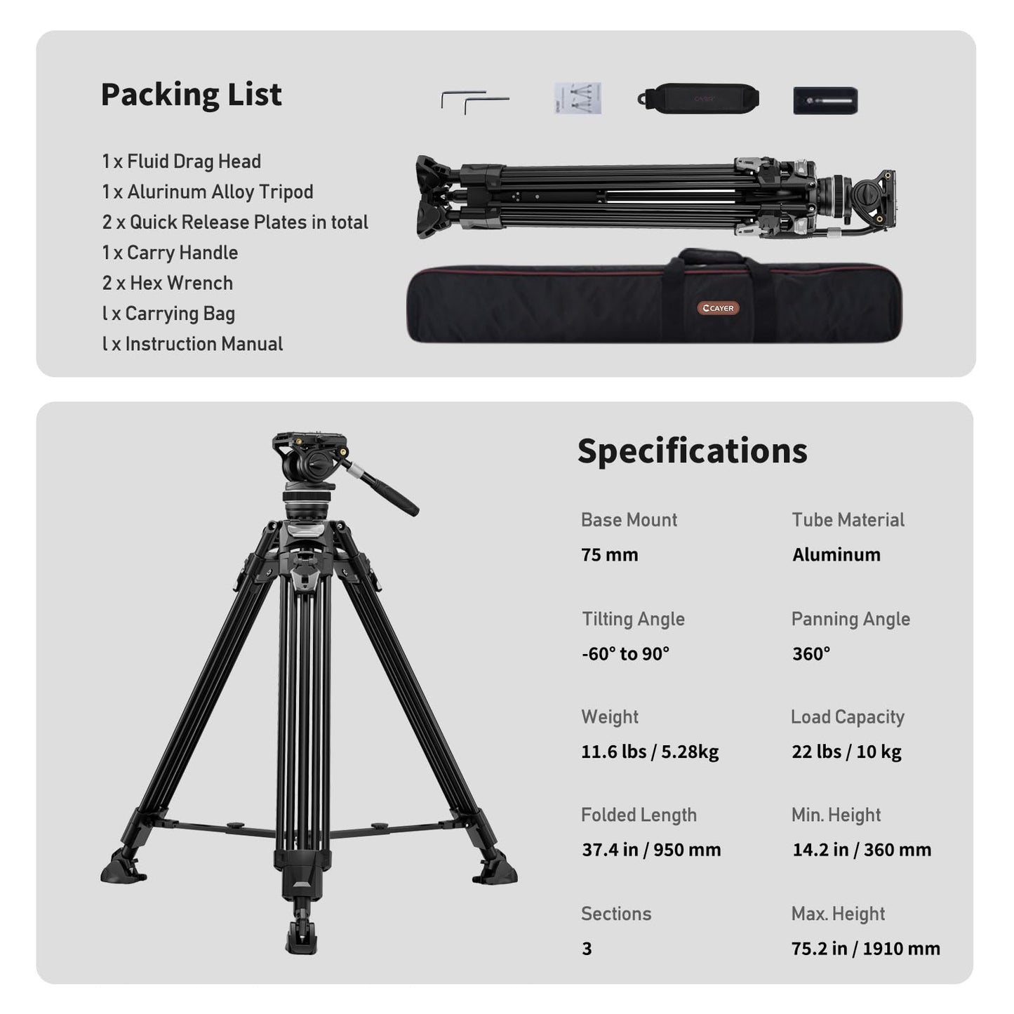 Cayer FA310H Video Camera Tripod with Fluid Head, 75" Aluminum Tripod with One Step Leg Locks & Rapid Adjust, 2 Quick Release Plates & Carry Handle for DSLR Cameras Camcorders, Max Load 22 lbs