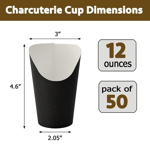 CAMKYDE 50 Pcs Disposable Black Charcuterie Cups, 12oz French Fries Holder French Fry Cups for all Occasions (12oz, Black)