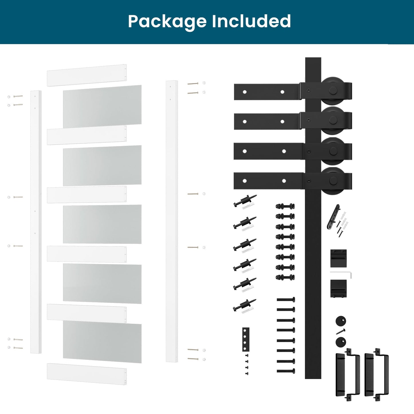SmartStandard 48in x 84in Double Glass Sliding Barn Door with 8FT Bypass Sliding Barn Door Hardware Kit, 5-Panel Frosted Glass,Waterproof, Save Space, Easy Install, Fit 84"-88" Openning, White