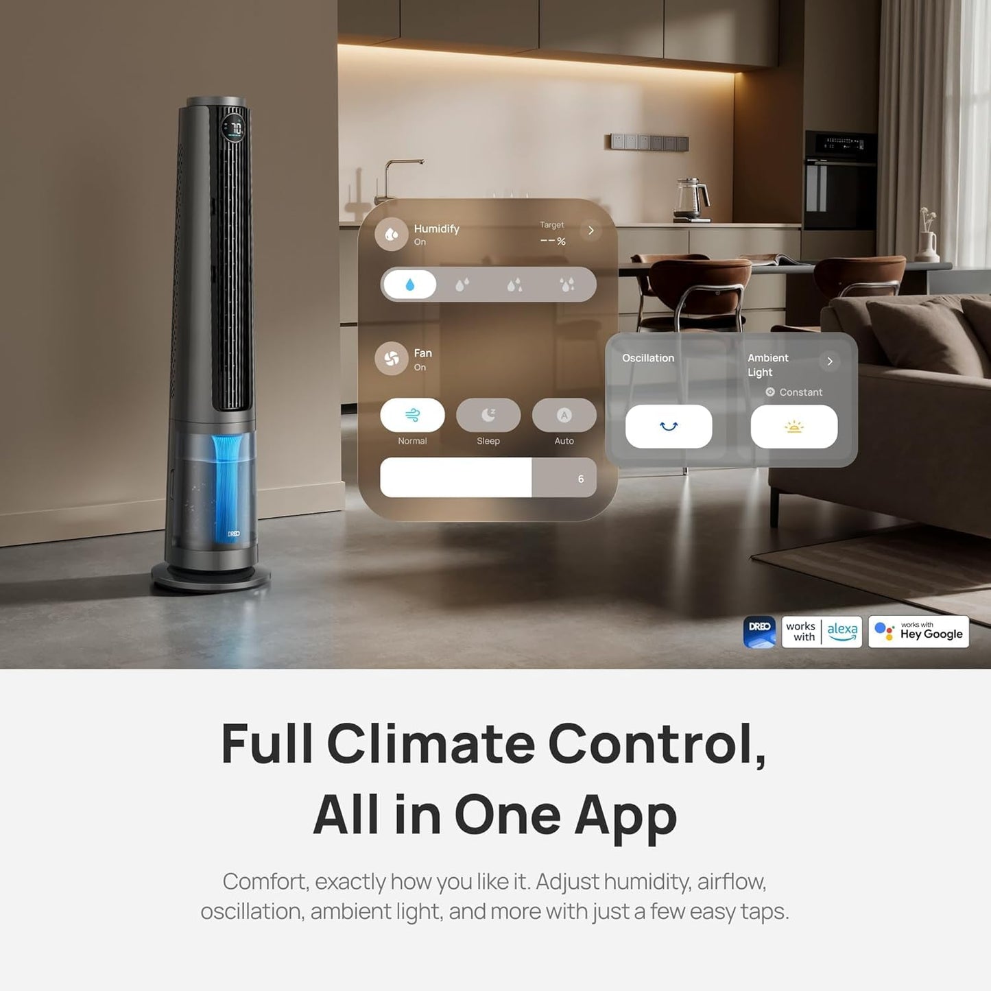 DREO TurboCool Misting Fan 765S, Tower Fans that Blow Cold Air, 10ยฐF Cooling, 34ft/s Fast Standing Fan, 6L Tank, 20 dB Quiet DC Motor, 90ยฐ Smart Oscillating Fan with 12 Speeds, 4 Modes for Home, Grey