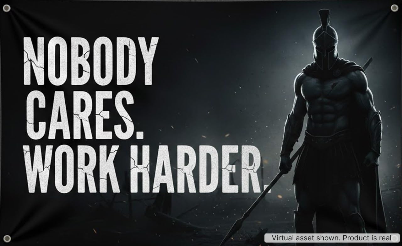 Nobody Cares Work Harder 3x5 Ft – Spartan Warrior Banner, Durable Polyester, UV Resistant, Double Stitched, Motivational Wall Decor for Gym, Home, or Man Cave