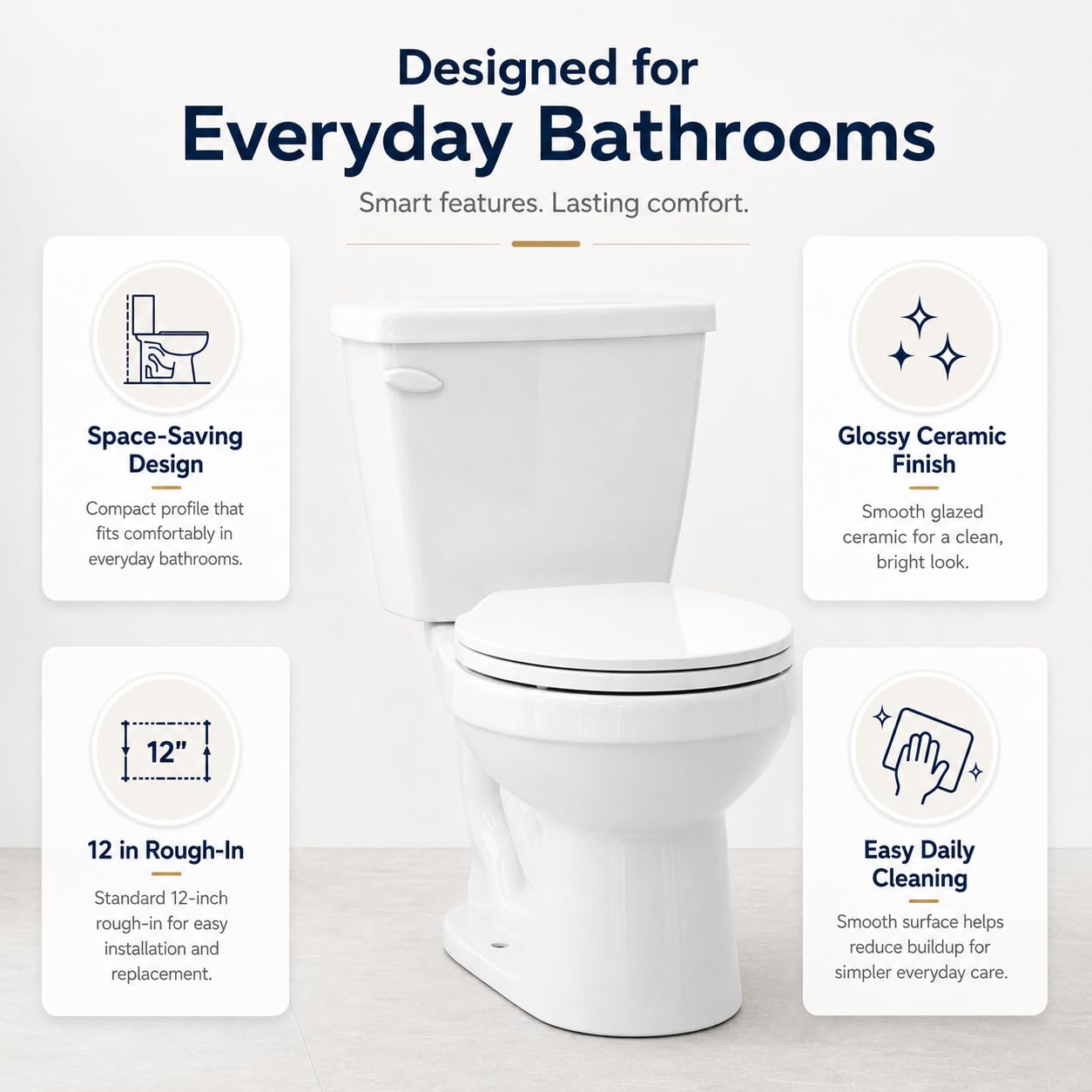 15 Inch Round Front Toilet for Small Bathrooms, Two Piece Compact Ceramic Commode with Side Flush, 1.28 GPF Siphonic Flush, Soft Close Seat, cUPC Certified, 12 Inch Rough-In
