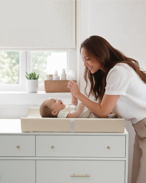 Blissful Diary Vegan Leather Baby Changing Pad - Waterproof & Wipe-Clean PU Cover, Standard Size, Beige