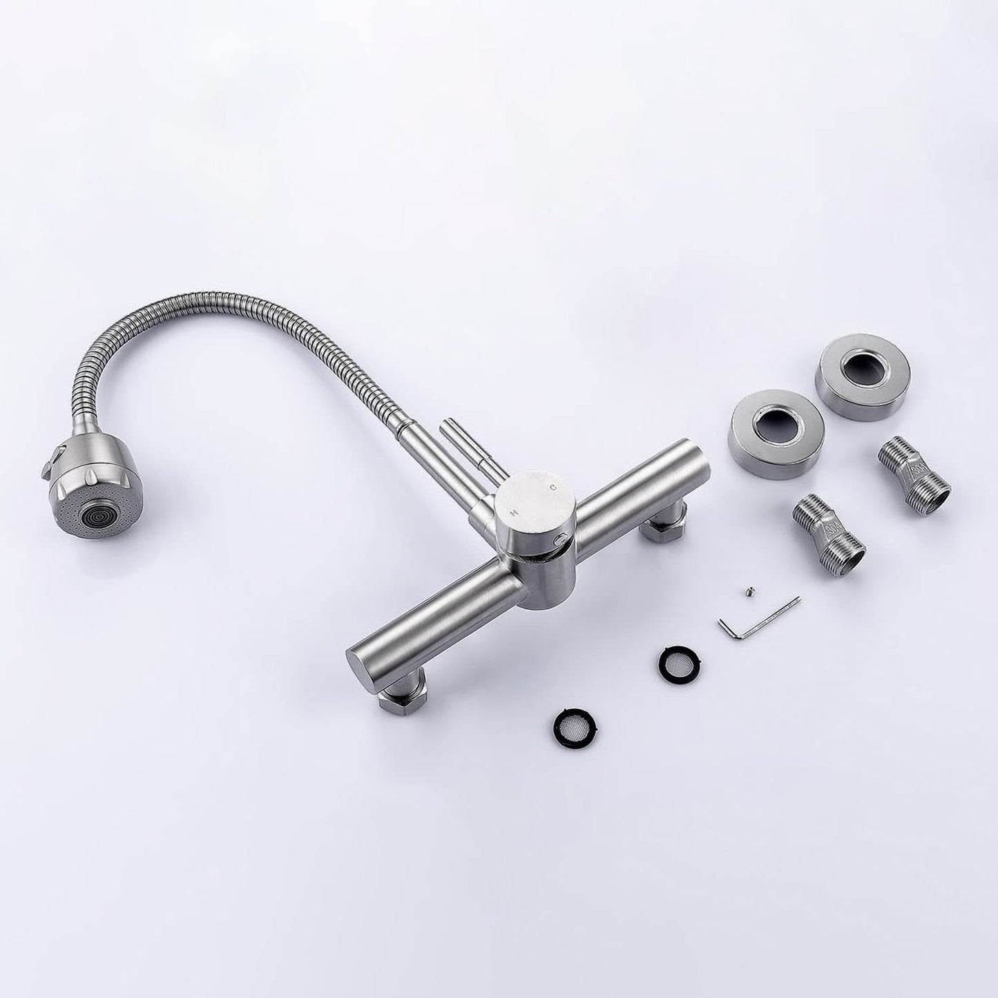 FLWUEUE Wall Mount Kitchen Sink Faucet with Sprayer 8“ Inch Center, Brushed Nickle Stainless Steel Sink Mixer Tap, Laundry Utility Faucets with Dual Functional Sprayer