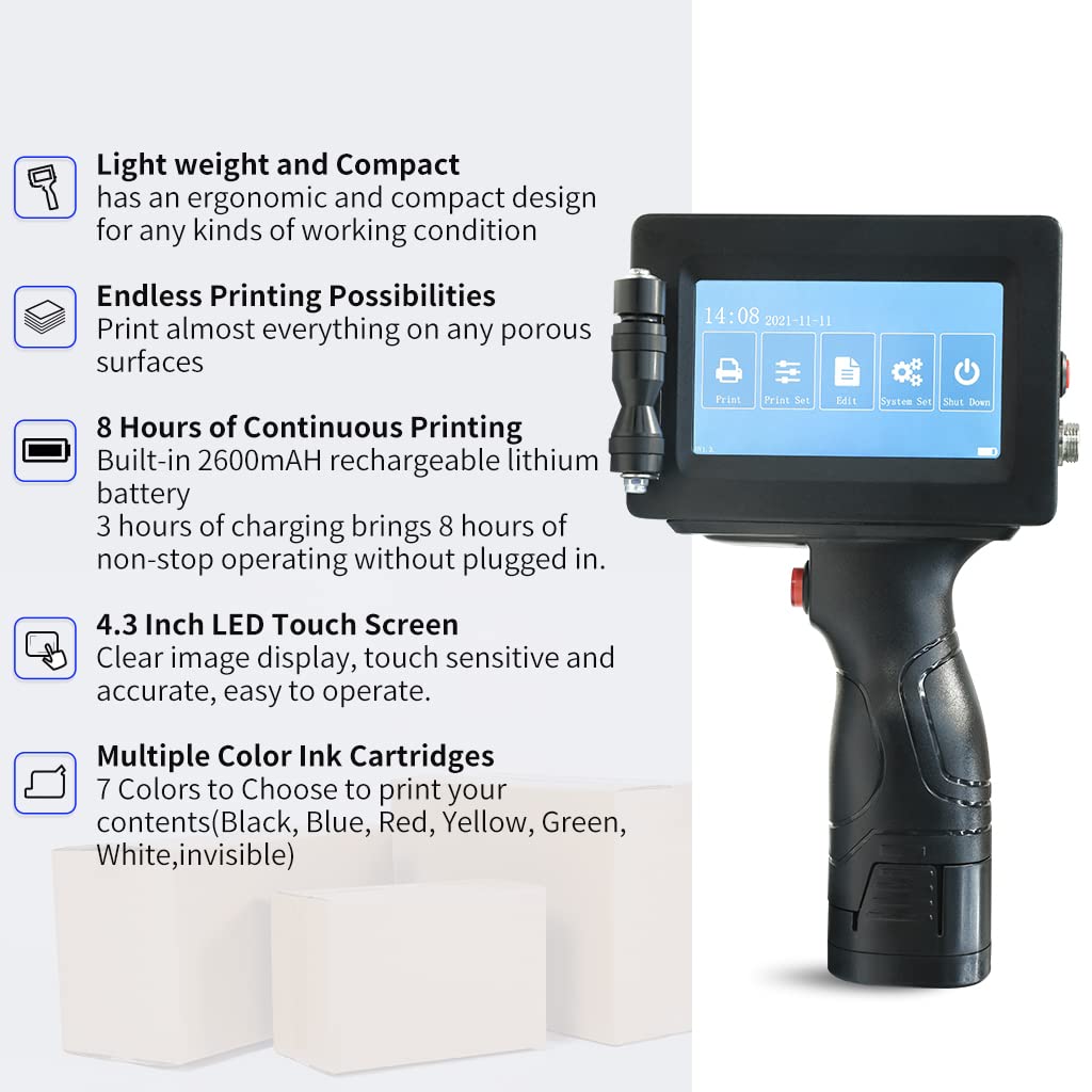 PEKOKO LB100S Intelligent Portable Hand Jet Handheld TIJ Thermal Inkjet Printer 12.7mm Online QR Bar Batch Date Number Coding Machine for Carton Box,Food Package,Drink Bottle