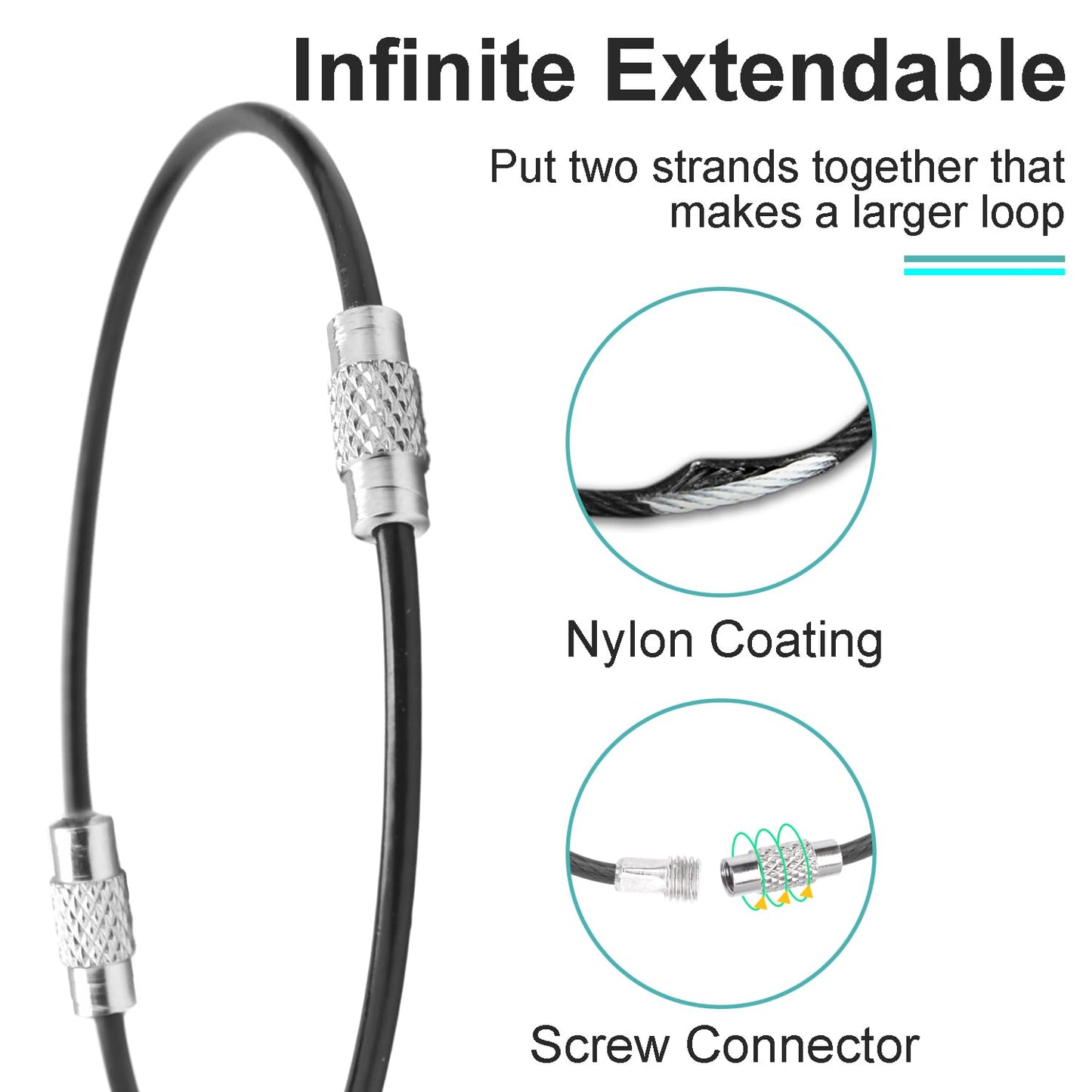 CooBigo 25 Pack Cable Key Ring 4 Inch Luggage Tag Loops Wire Key Chain Cable 2mm Key Rings for Car Keys Wire Keychain Dog Tag Ring - Black