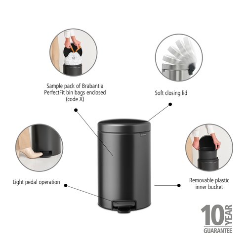 Brabantia Step-On Small Trash Can | Confident Gray | 3.2 Gallon / 12L | Bathroom, Bedroom, Office Trash Can, Light Pedal Opening, Handle & Removable Inner Bucket | 9.9 x 13.3 x 16.2 | + Trash Bags