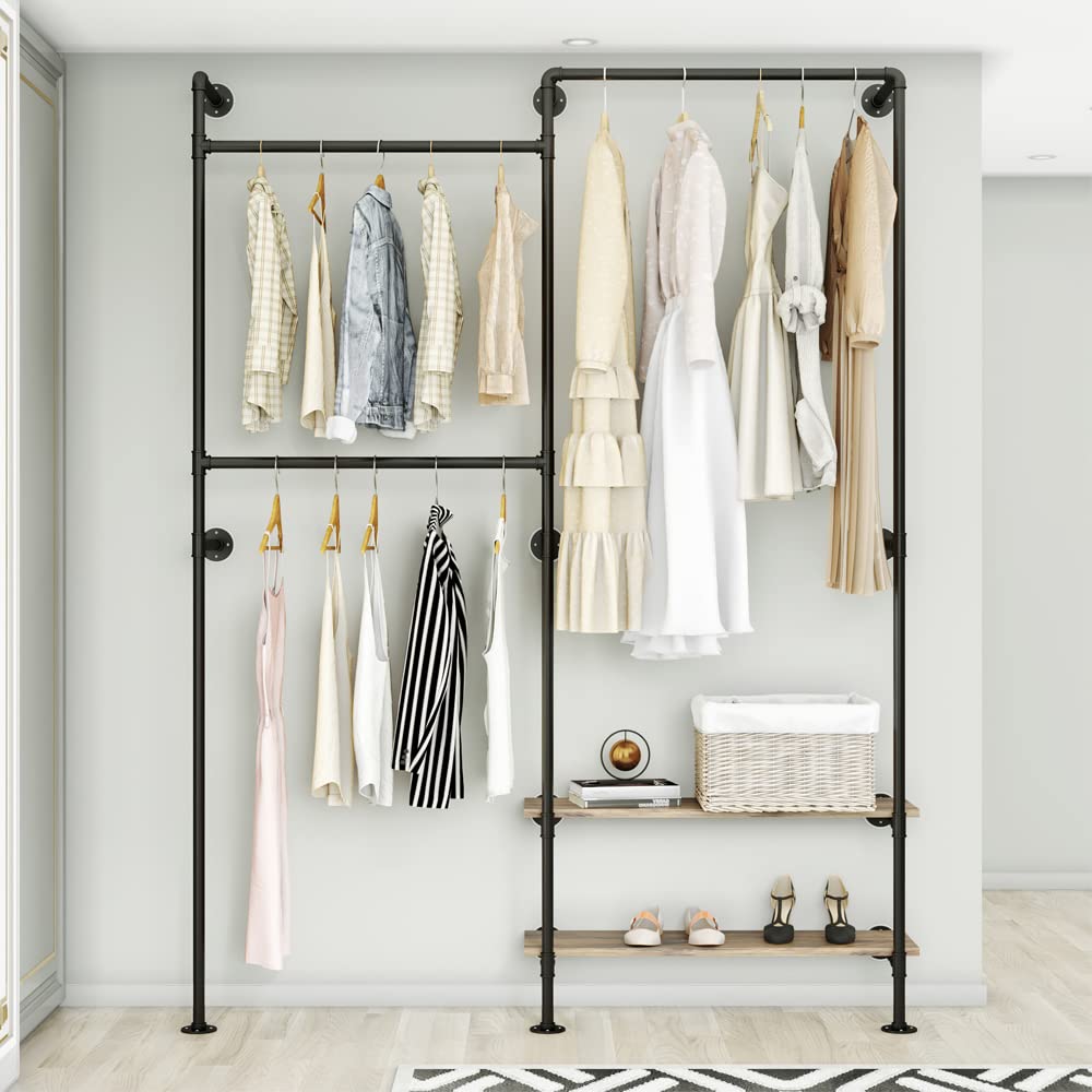 KaKaBB Industrial Pipe Wall-Mounted Clothing Rack with Double Hanging Rods & Shelves - Heavy Duty Storage for Wardrobe, Bedroom, Walk-In Closet (Black)