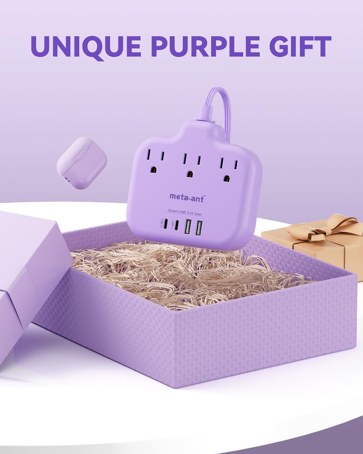 meta-ant 3 4 USB(2 1625W Purple Extension Cord with AC Outlets and USB-C) Ports, Purple Travel Power Strip, Cute Kawaii