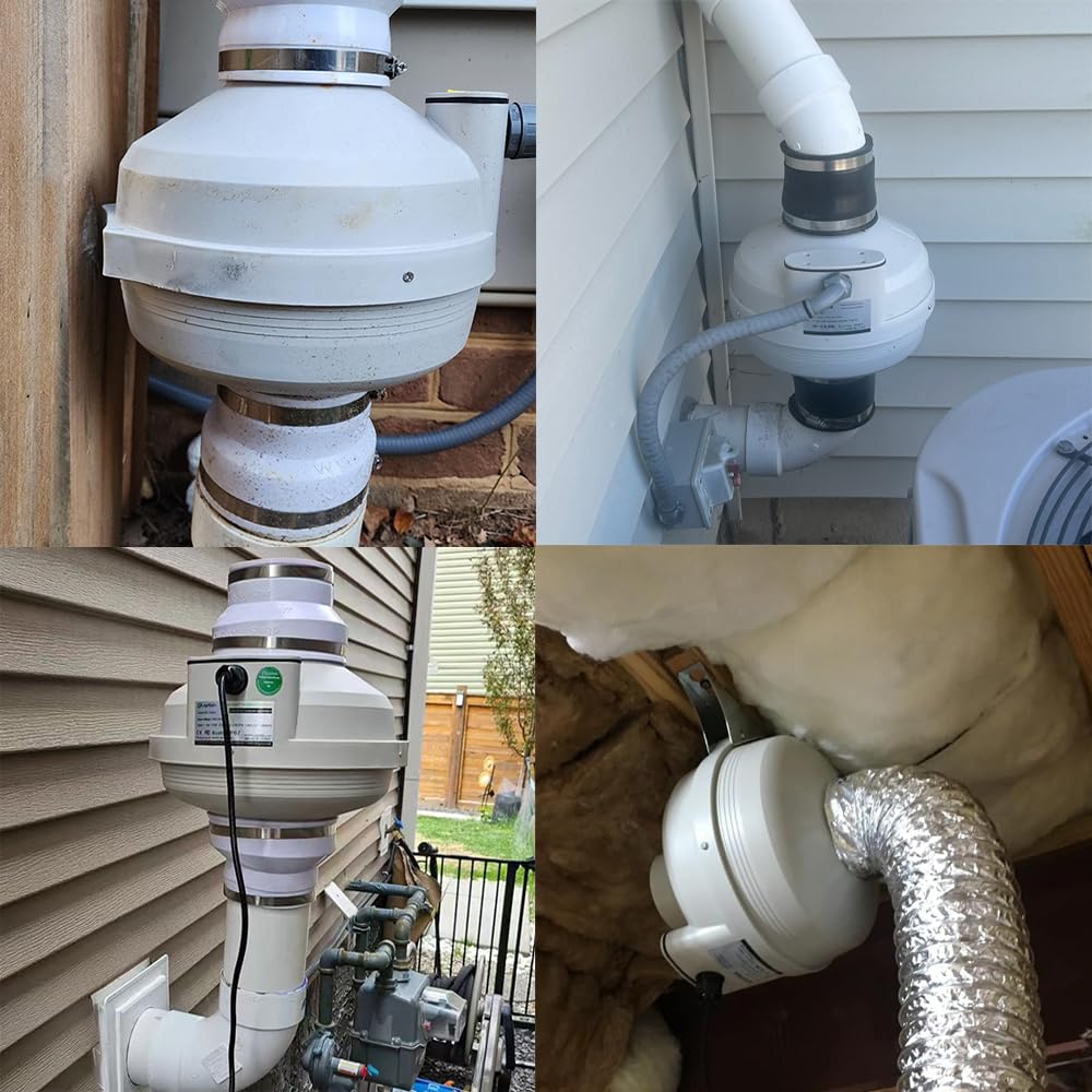 MIDCVFRUN 4 inch Radon Mitigation System Kit - 2 Speed Radon Fan 220/158CFM Ultra Quiet Inline Duct Fan with Rubber Couplers (4 inch x 3 inch) and Air Pressure Indicator