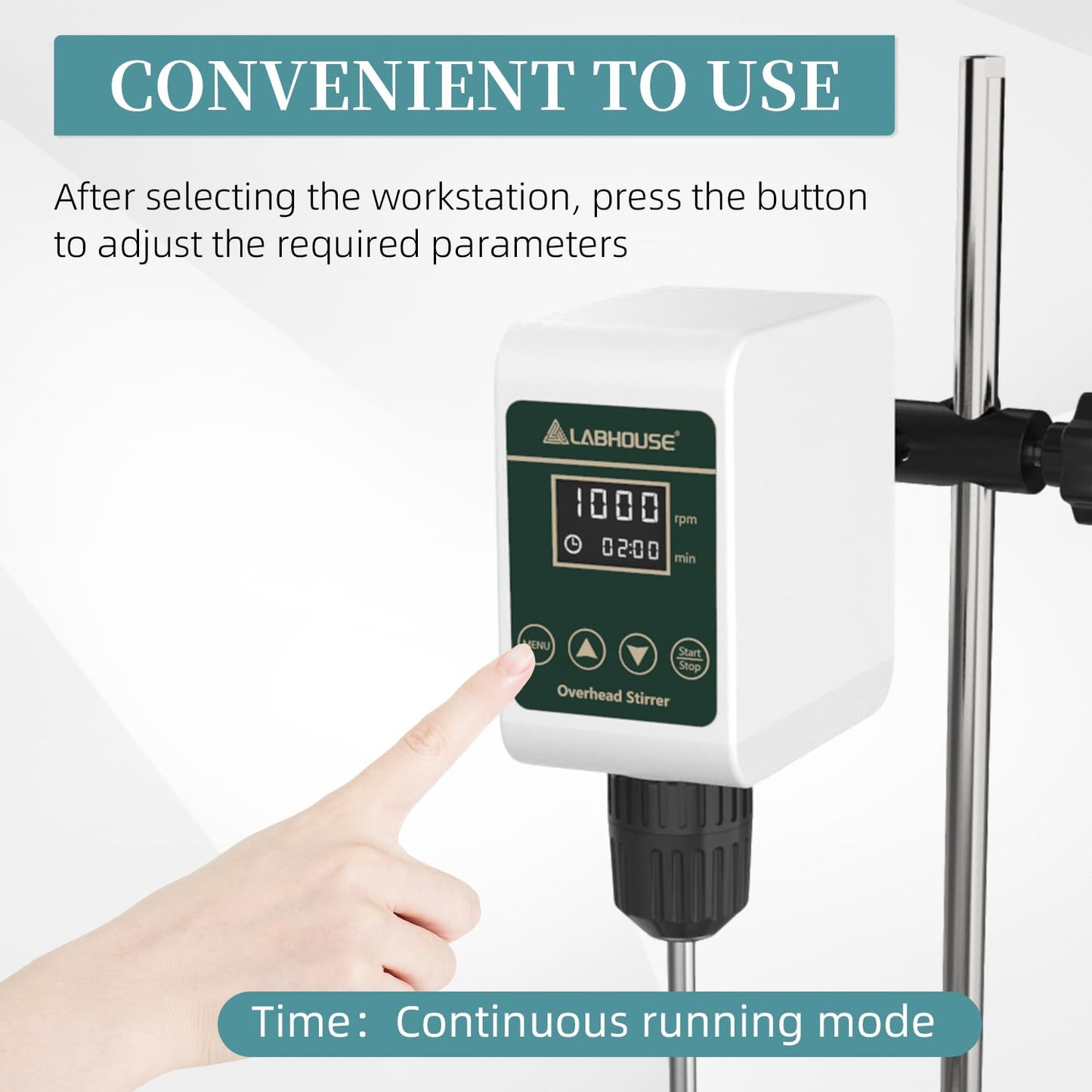 LABHOUSE OS-5S Digital Overhead Stirrer 10L(H₂O) Lab Stirrer Flat-Base Stainless Steel Stand & 2 Stirring Paddles & Beaker Holder | 100-1200RPM,10000 mPas,Timing 1min-24h