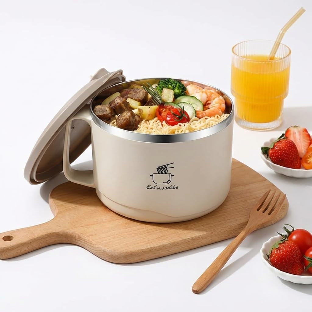 PONDI 1700ml Heat-Insulated 304 Stainless Steel Ramen Bowl with Phone Holder Lid – BPA-Free, Portable Lunch Bowl for Camping, RV, Hiking, Office & Travel (Beige)