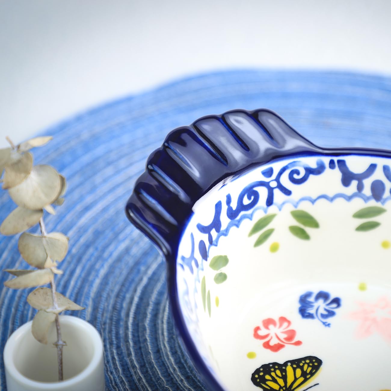 Bicuzat Vintage Butterfly and Flower Pattern Pie Pan, Chicken Shape Ceramic Bakeware Casserole Dish Baking Pan Bakers Lasagna Pans Soup Bowl Baking Dish for Oven to Table-Blue-25 OZ