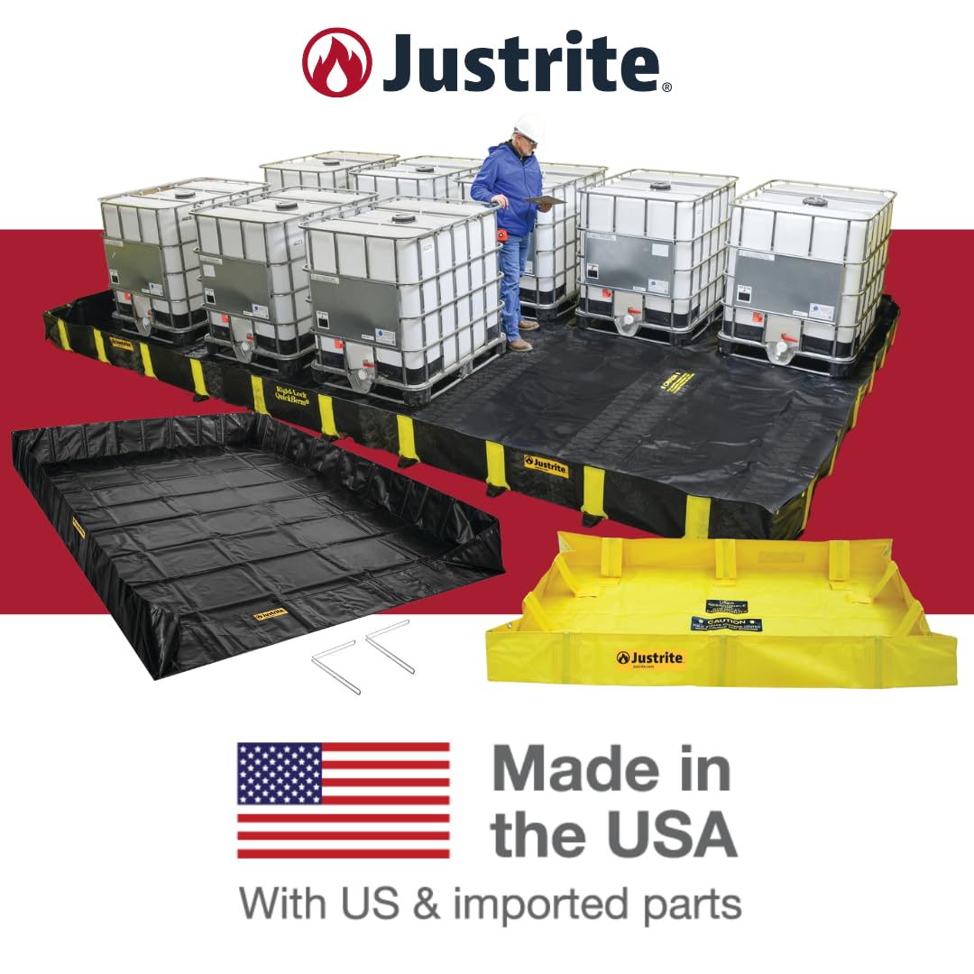 Justrite Rigid-Lock QuickBerm® Lite, 4' x 6' x 8" Folding Oil Spill Containment Berm, 119 Gallon Spill Capacity, PVC Coated Fabric, Made in The USA, Yellow, 28372