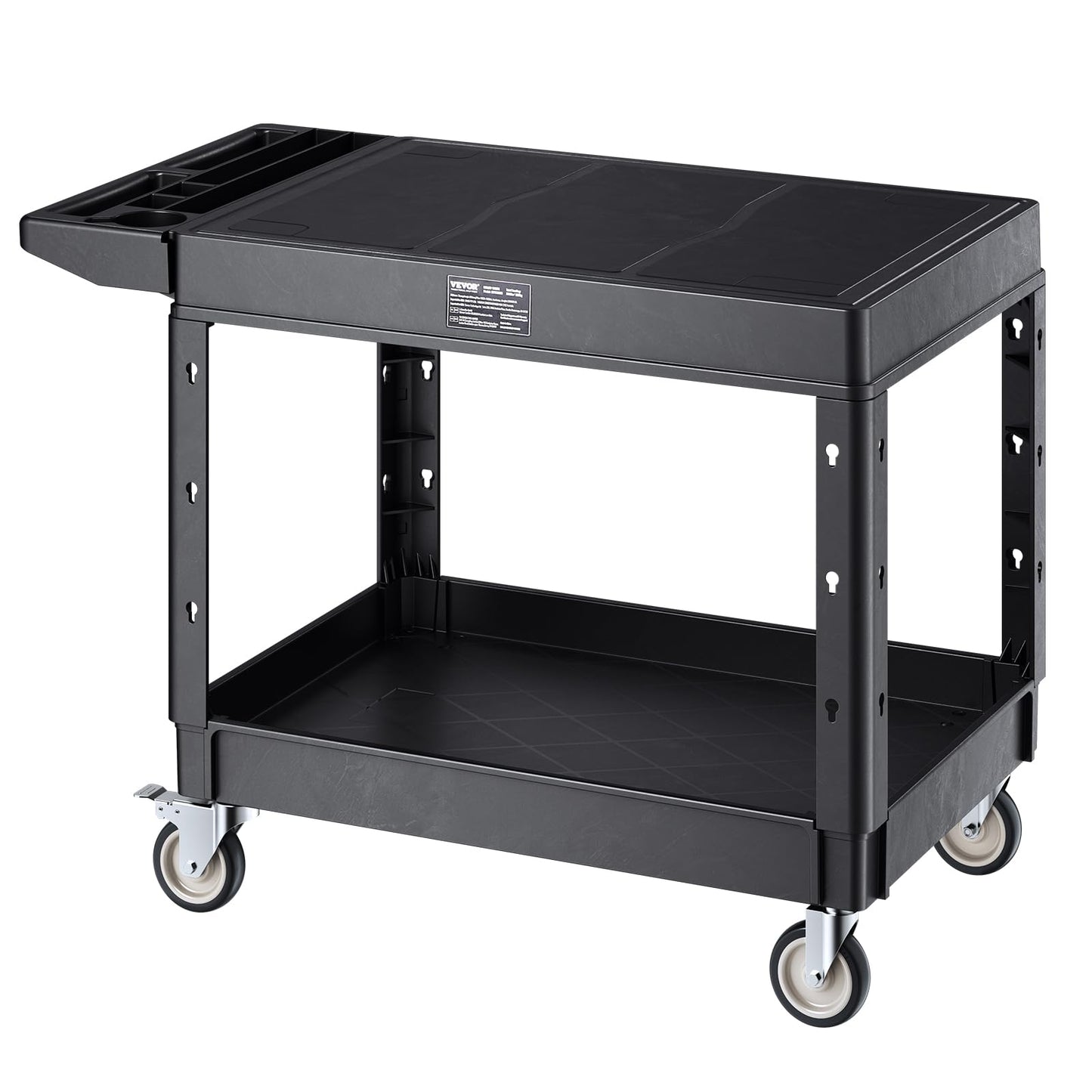 VEVOR Utility Cart, 550 lbs Load Capacity, 37 x 25.4-inch Service Cart, Two-Shelf Heavy Duty Plastic Utility Cart with 360° Swivel Wheels (2 with Brakes), Suitable for Warehouse, Garage, Cleaning