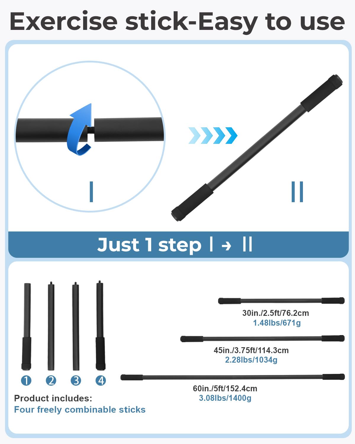 P Polerden Yoga Stick Sturdy Steel 5ft, Exercise Stick with Non-Slip Ends, Adjustable Stretch Stick for Mobility, Exercise Dowel for Physical Therapy, Balance Pole and Yoga Bar for barra para hacer ejercicio