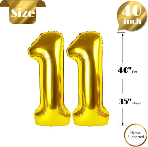 Gold Number 11 Balloon - 40 Inch Metallic Decoration for 11th Birthday Party Supplies