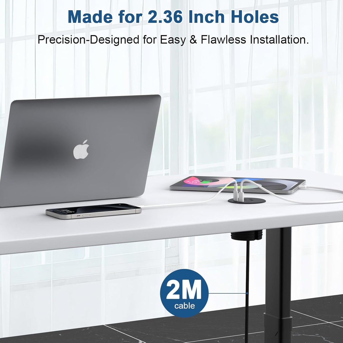Haylink Grommet, 2X 20W 6.56FT 2.36"(60mm) Desk Power Recessed Power Strip with AC Outlet & PD USB C | Cable | Cut