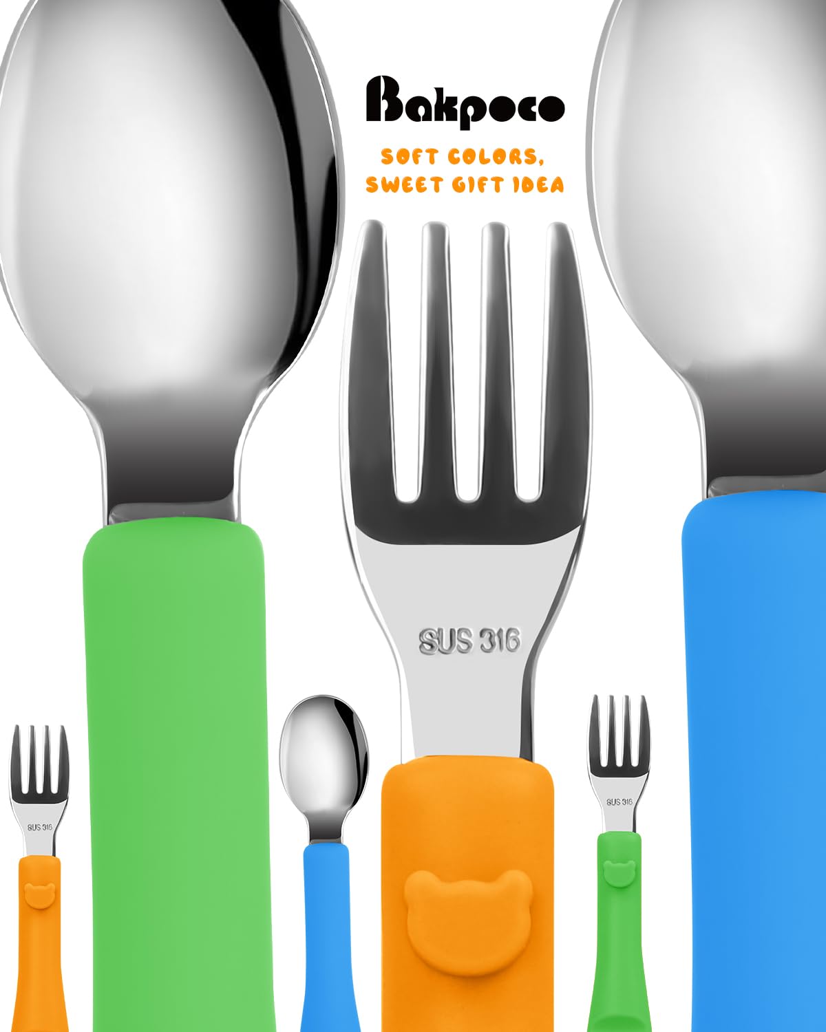 Bakpoco 6PCS Toddler Utensils, 316 Stainless Steel Baby Safe Forks + Spoons with Silicone Handle, BPA Free Dishwasher Safe Kids Silverware Cutlery with Box, Bright Orange/Blue/Green
