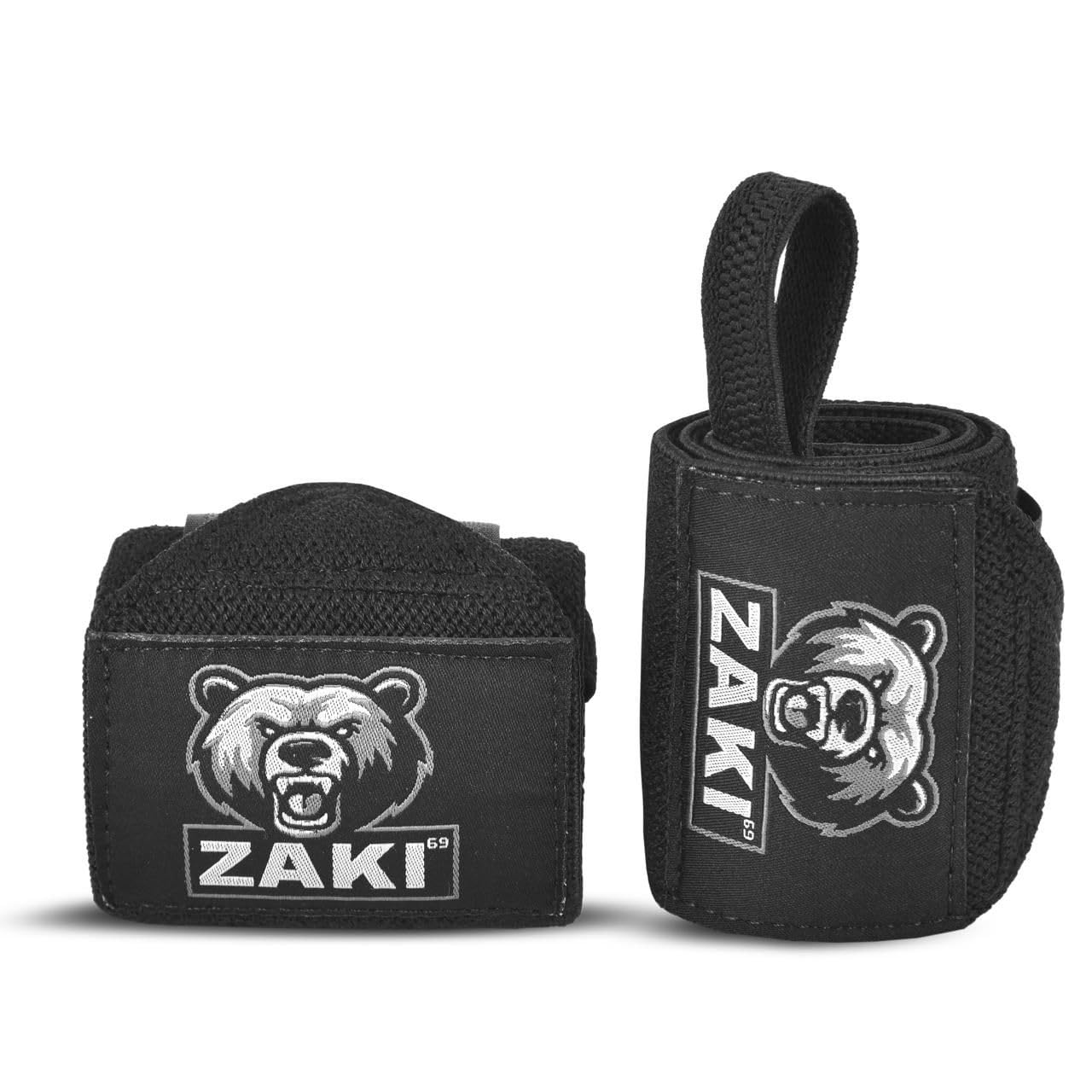 ZAKI 69 18 Inch Weightlifting Wrist Wraps with Thumb Loop, Adjustable Wrist Support Straps for Gym, Powerlifting, Bench Press, Strength Training, Black Pair