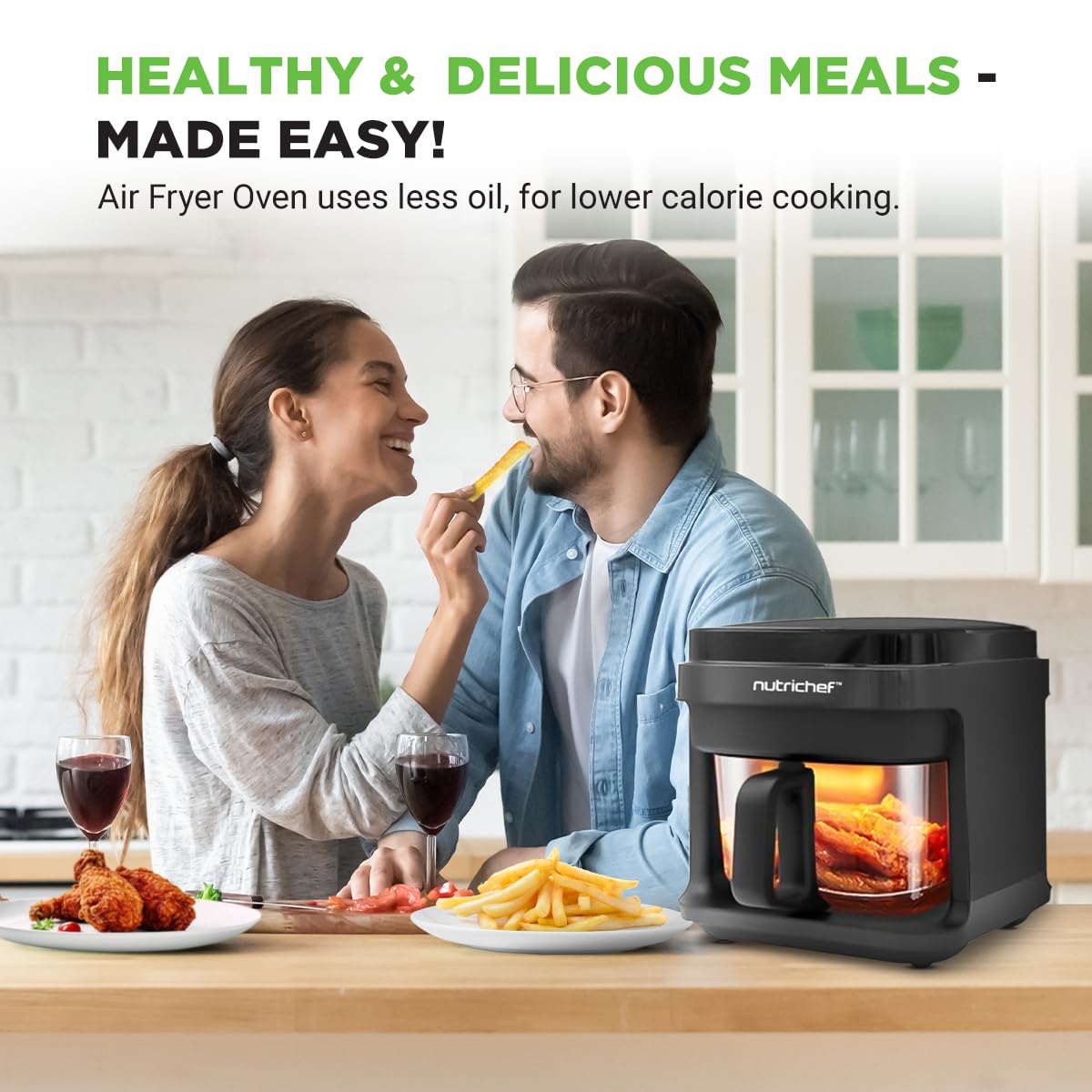 Nutrichef 5.8 Quart Air Fryer | 8-1 Preset Cook Modes | Transparent Fry Bowl for Best Cooking Results | Cook Shrimp, Steak, Fries, Wings, Chicken & More | Precise Temperature Control & Time | Grey