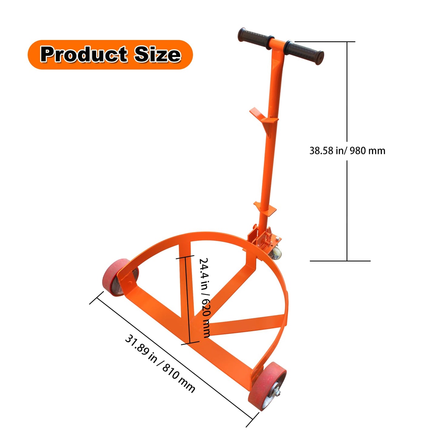 55 Gallon Drum Dolly, 1200 lbs Load Capacity, Adjustable Handle Barrel Dolly Cart with One 360° Swivel Lockable Wheel, Low Profile Steel Oil Drum Caddy for Warehouse, Workshop, Factory, Dump Station