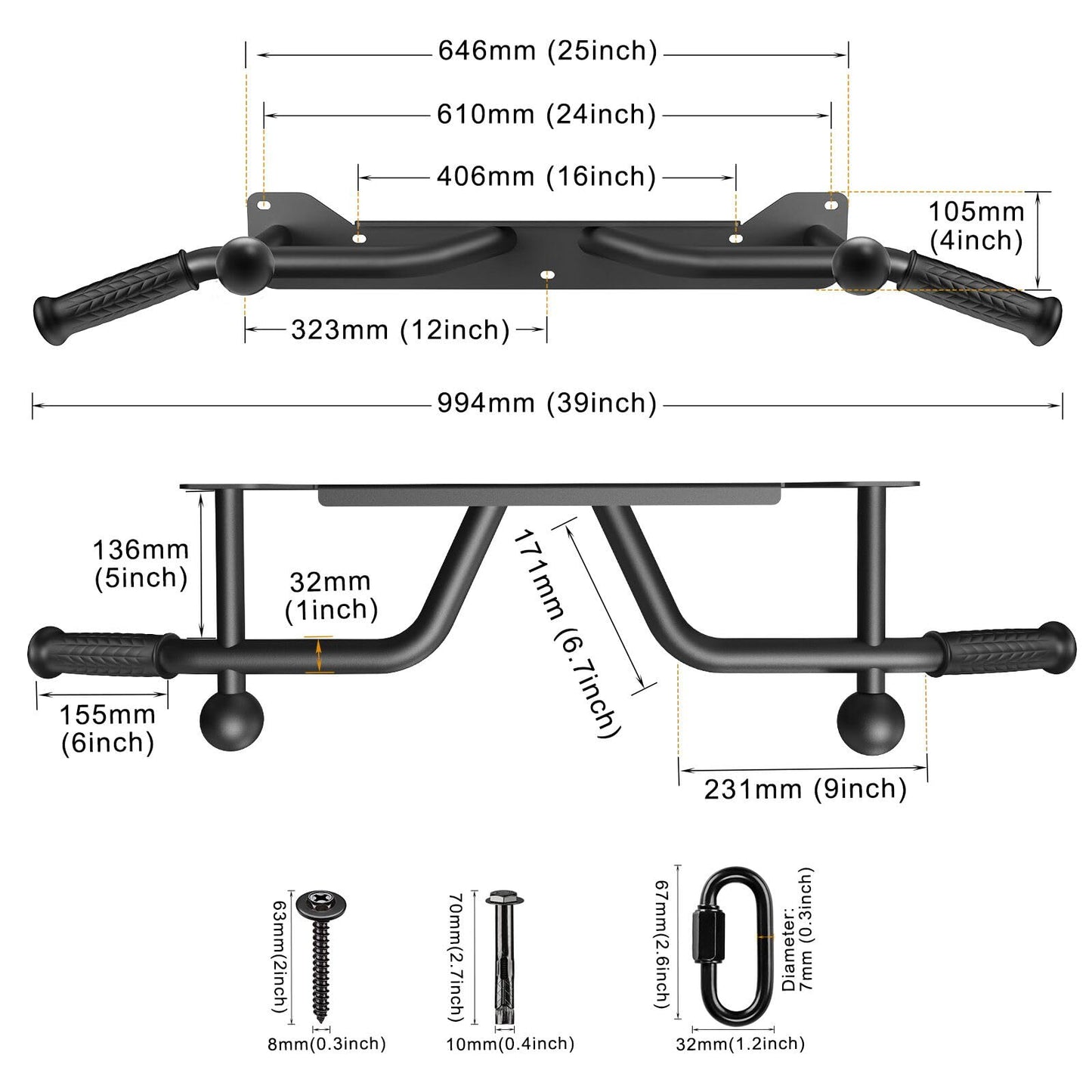 Kipika Heavy Duty Wall Mounted Doorway Pull Up Bar, Multifunctional Chin Up Bar, Portable Fitness Door Bar, Body Workout Home Gym System (B: 39" Wall Mount Pull Up Bar & Ball)