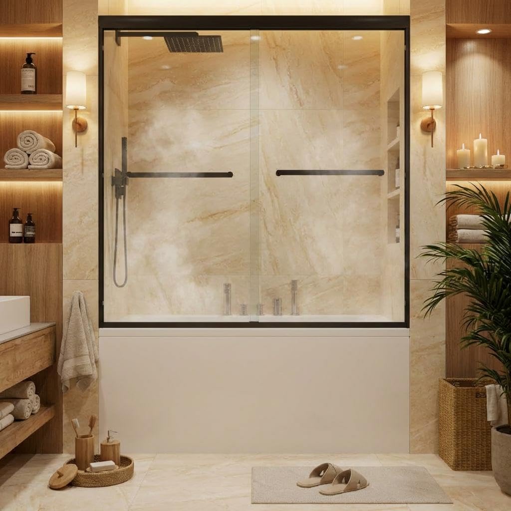 Bathtub Shower Door, 60" W x 59" H Sliding Tub Door with Dual Panels, 6mm (1/4") SGCC Tempered Glass with Explosion-Proof Film & Protective Coating, Matte Black Aluminum Alloy Frame