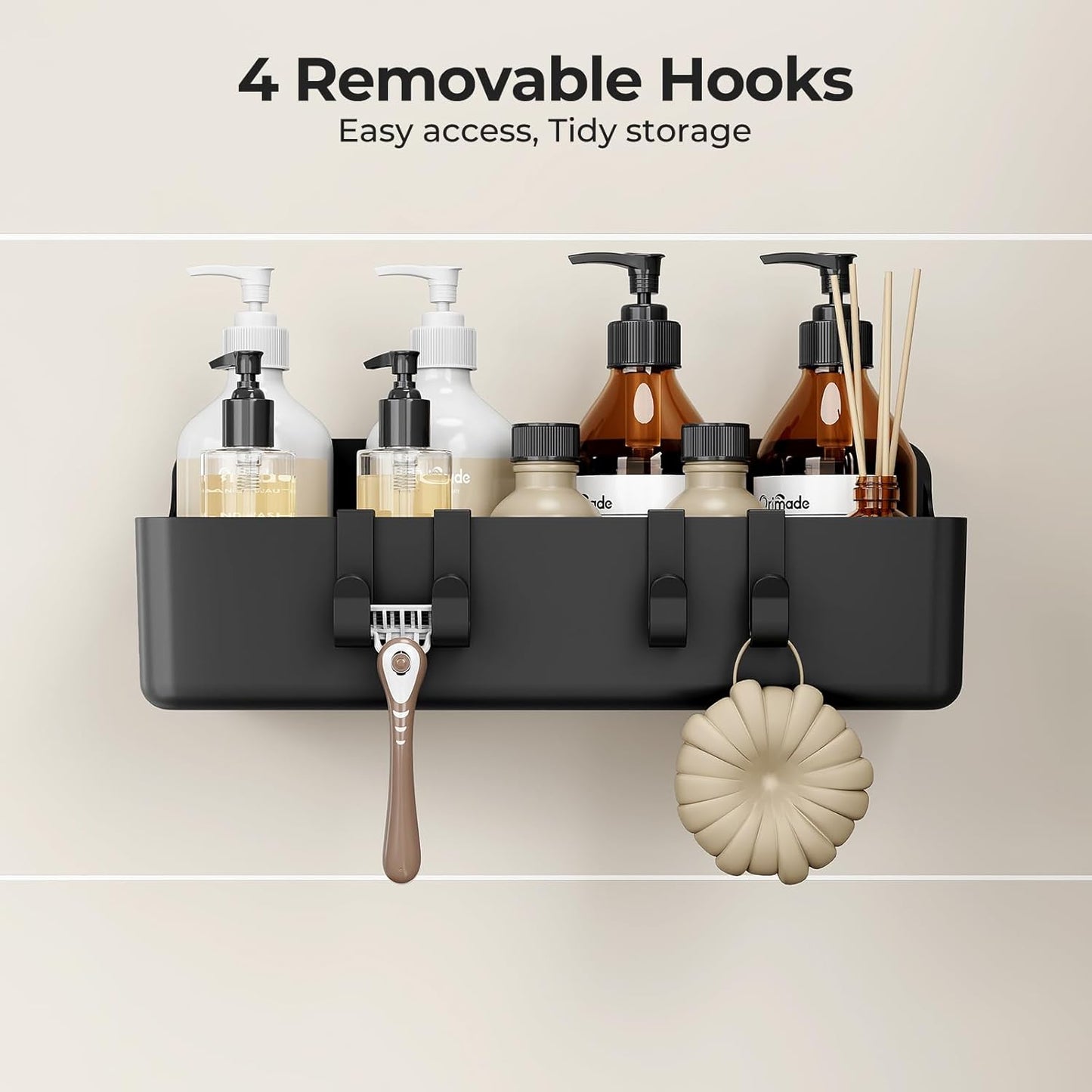 Orimade Shower Caddy - No-Drill Adhesive Shelves with 4 Hooks | Rustproof ABS Plastic, Black - 3-Pack