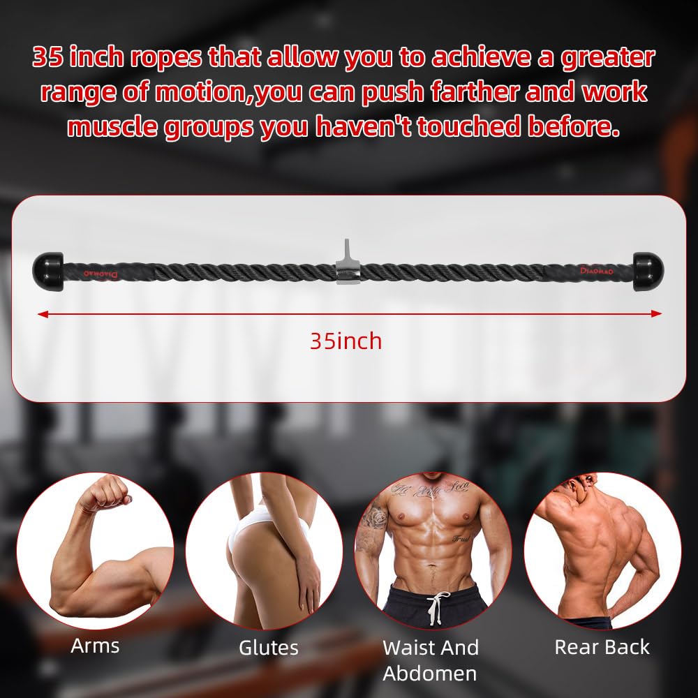 Diaomao Tricep Rope with Upgraded Rubber Handles,35 Inch Tricep Pull Down Rope for Cable Machine, Greater Range of Motion, Triceps Rope Cable Attachment for Gym, Home, Easy to Grip, Non-Slip