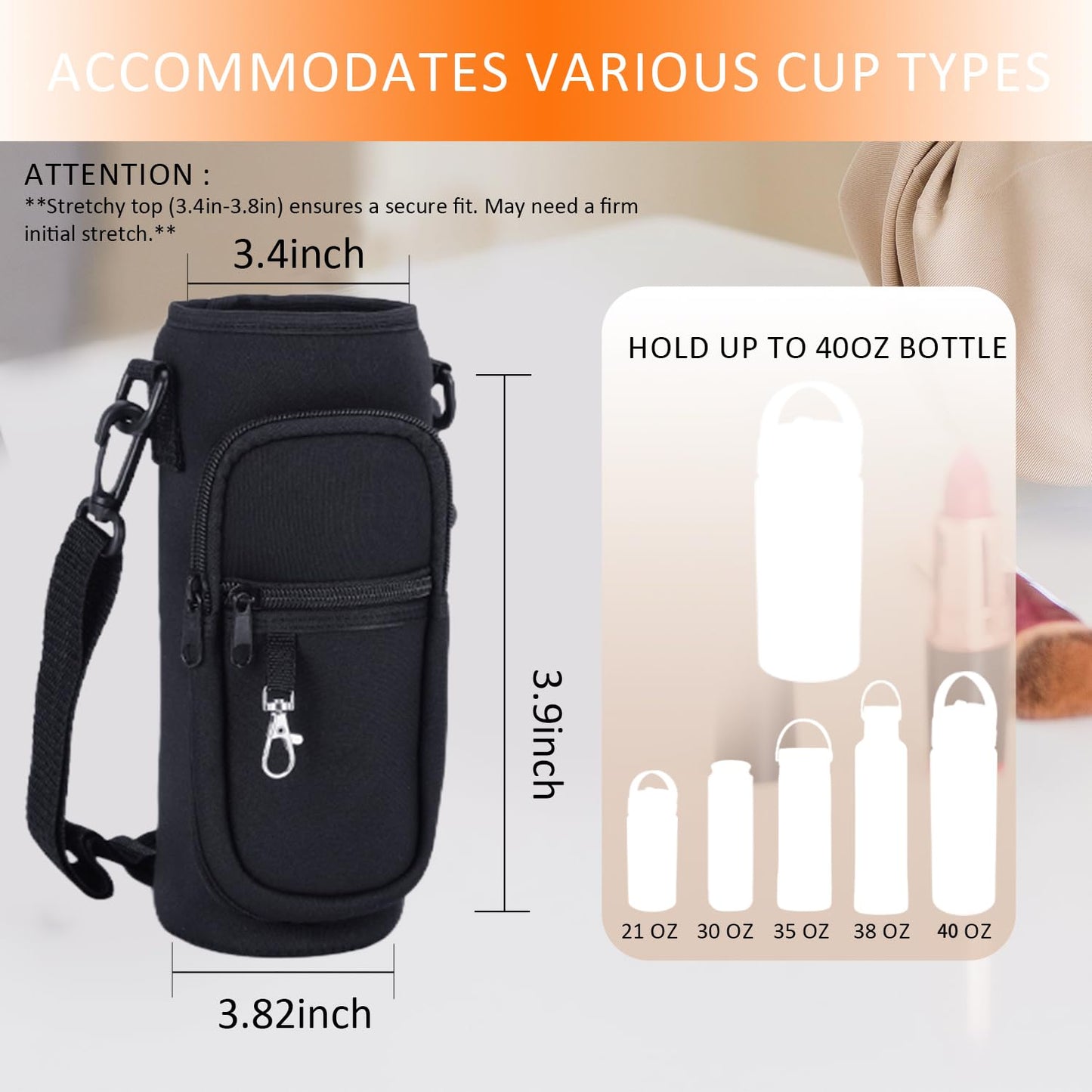 RRegeny Water Bottle Holder with Strap for Hydroflask 32oz 40oz, Carrier Sling Bag with Phone Pocket Sleeve for Men Women Hiking Camping Travelling(black24/32oz)