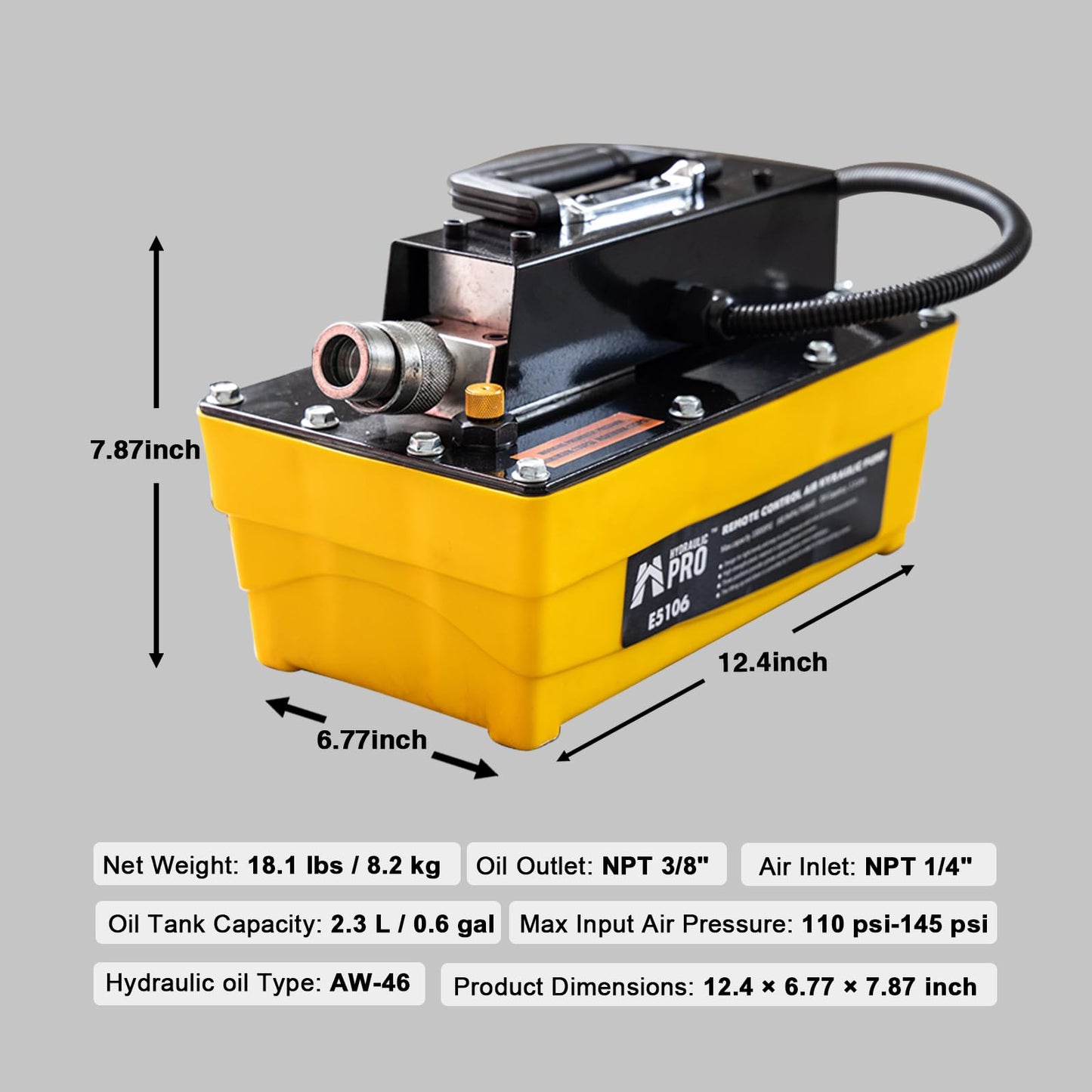 HYDRAULIC PRO 10,000 PSI Air Hydraulic Pump with 9.8 ft Remote Control, 2.3L Reservoir, NPT 3/8" Oil Outlet, NPT 1/4" Inlet, for Auto Body Frame Machines, Hydraulic Press